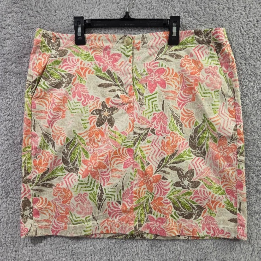 J. Jill Live-In Chino Skirt Womens 14 Pink Green Hawaiian Hibiscus Floral Cotton